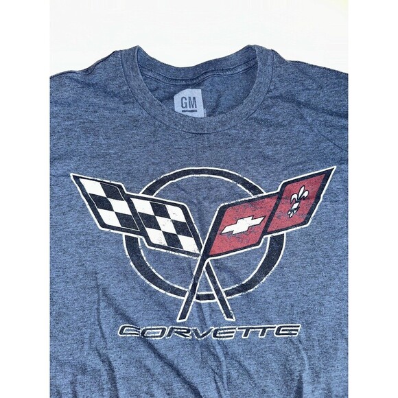 Corvette T Shirt Mens Sz L General Motors GM Tee Blue Gray Racing Flags Chevy - Picture 3 of 6